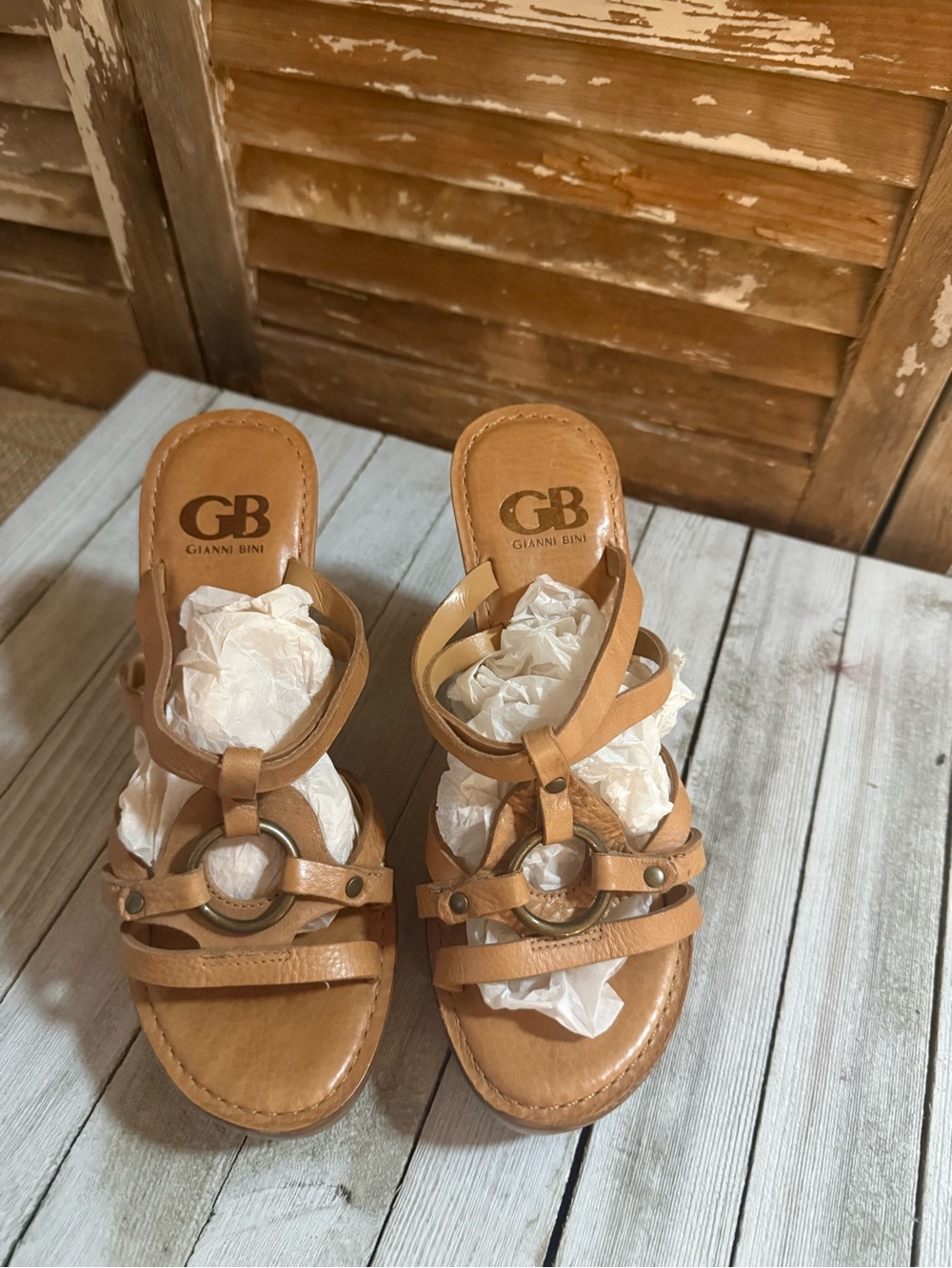 Gianni Bini Tan Leather Ring-Accent Slide Mules